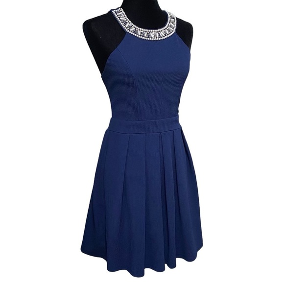 Alya Navy Beaded Halter Fit & Flare Dress Small Retro Y2K Party Mini - Picture 2 of 8